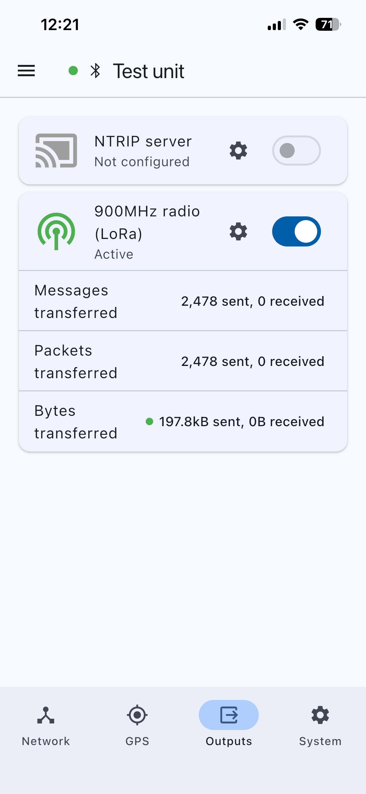 FarmTRX RTK Base Station mobile app, outputs Screen